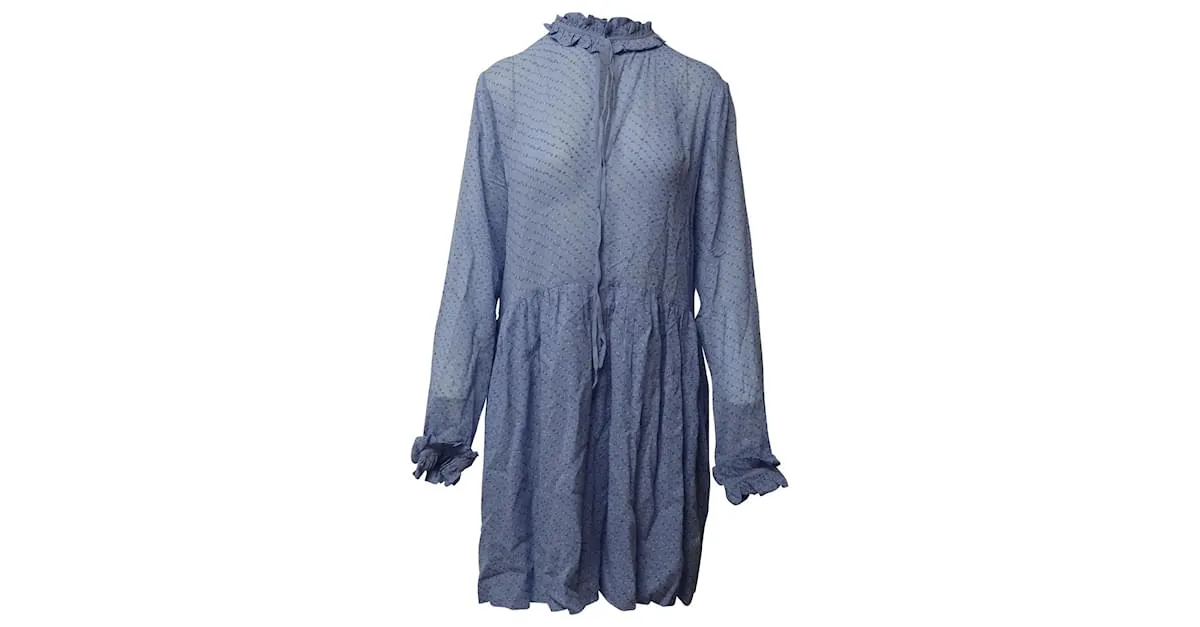 Ganni Vestido midi estampado con cuello con volantes en viscosa azul claro 