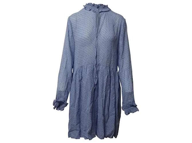 Ganni Vestido midi estampado con cuello con volantes en viscosa azul claro 