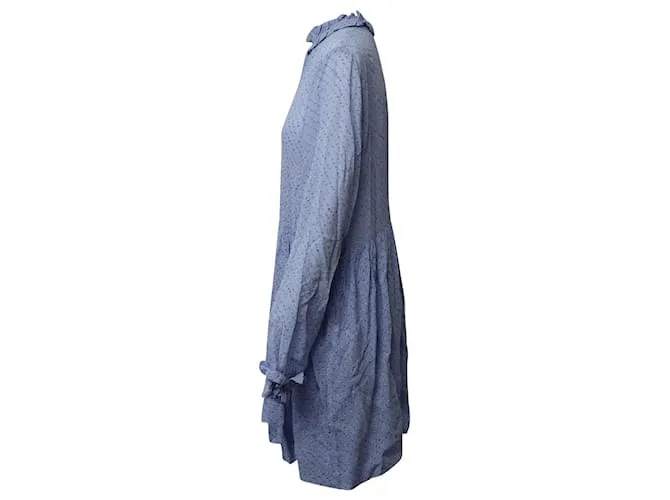 Ganni Vestido midi estampado con cuello con volantes en viscosa azul claro 