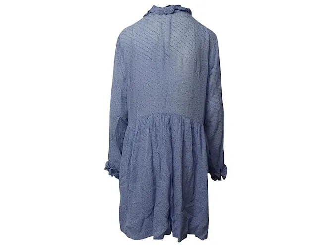 Ganni Vestido midi estampado con cuello con volantes en viscosa azul claro 