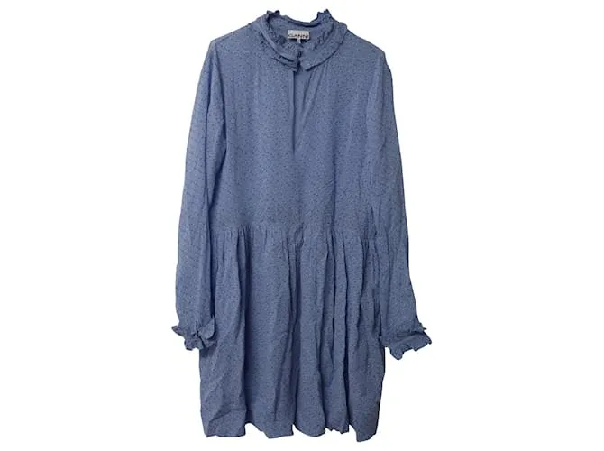Ganni Vestido midi estampado con cuello con volantes en viscosa azul claro 