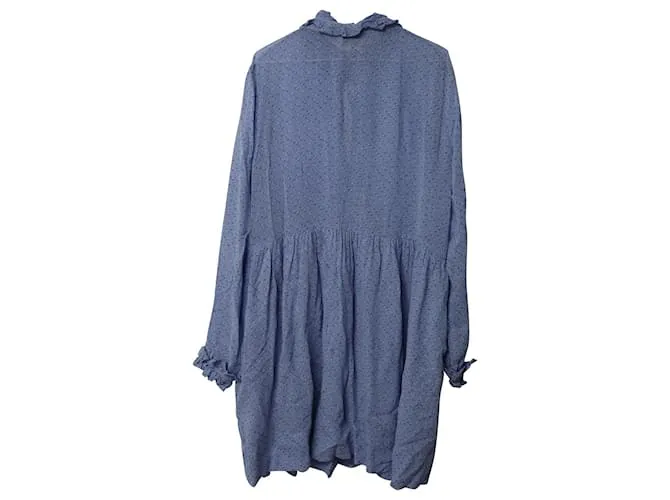 Ganni Vestido midi estampado con cuello con volantes en viscosa azul claro 