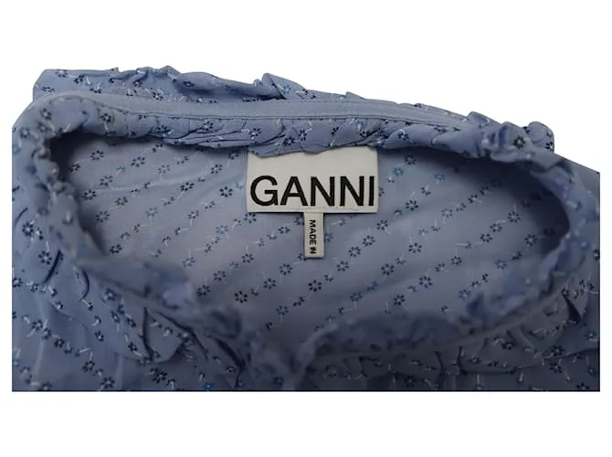 Ganni Vestido midi estampado con cuello con volantes en viscosa azul claro 