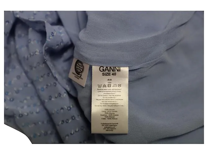 Ganni Vestido midi estampado con cuello con volantes en viscosa azul claro 