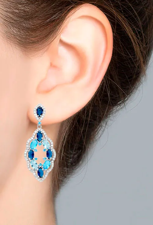 Pendientes largos plata con cristales checos tonos azules modelo fantasia