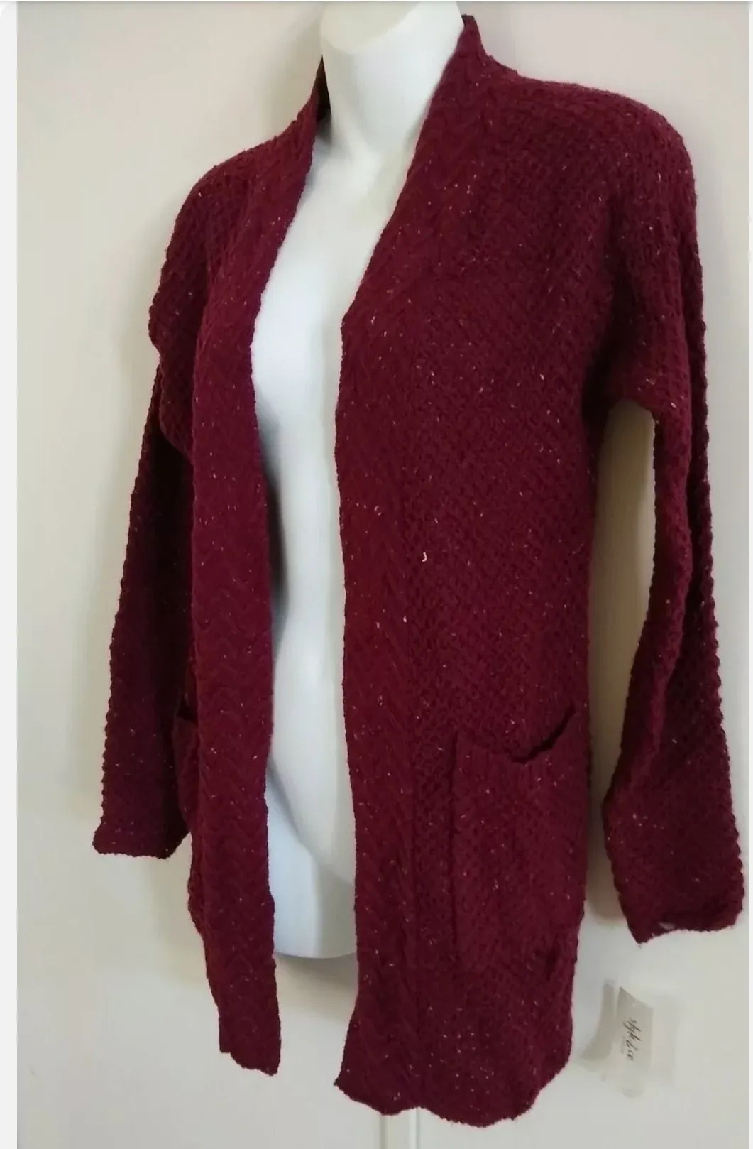 STYLE &AMP; CO CáRDIGAN ABIERTO DE MANGA LARGA CON BOLSILLOS COMPLETOS COLOR VINO ESCARLATA TALLA PS 
