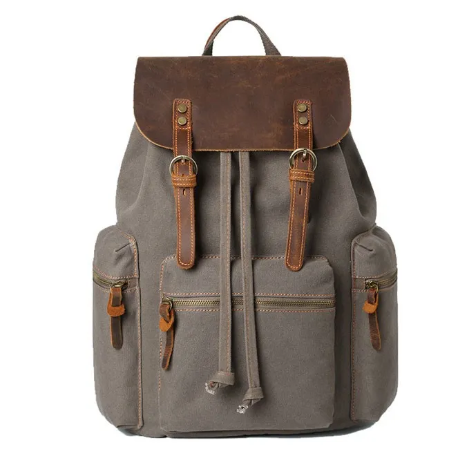 Vintage Real Leather Large Thick Canvas Three Pockets School Camping Bag Travel Backpack