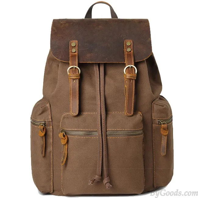 Vintage Real Leather Large Thick Canvas Three Pockets School Camping Bag Travel Backpack