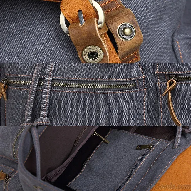 Vintage Real Leather Large Thick Canvas Three Pockets School Camping Bag Travel Backpack