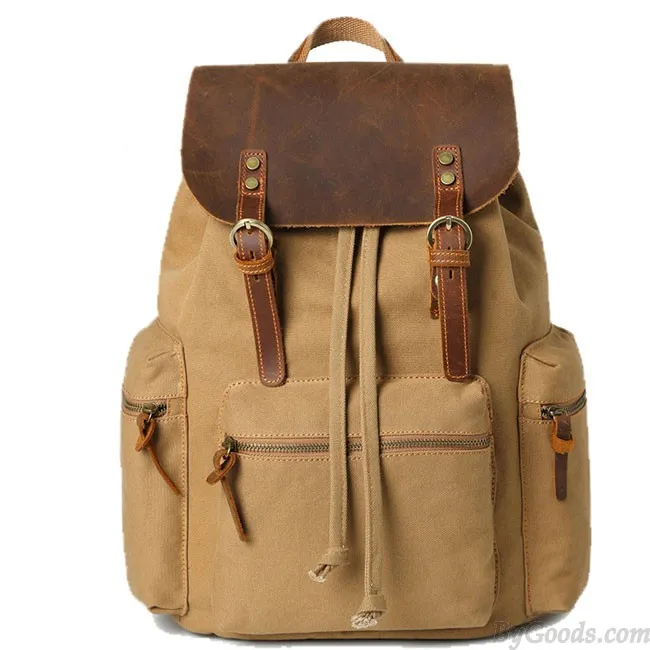 Vintage Real Leather Large Thick Canvas Three Pockets School Camping Bag Travel Backpack