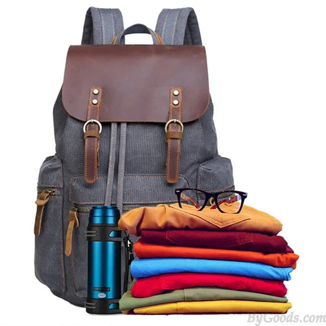 Vintage Real Leather Large Thick Canvas Three Pockets School Camping Bag Travel Backpack
