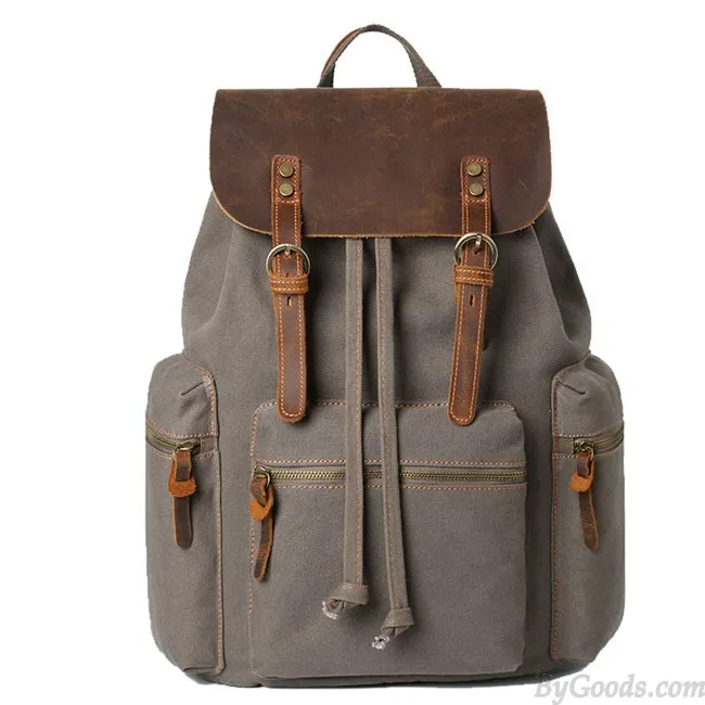 Vintage Real Leather Large Thick Canvas Three Pockets School Camping Bag Travel Backpack