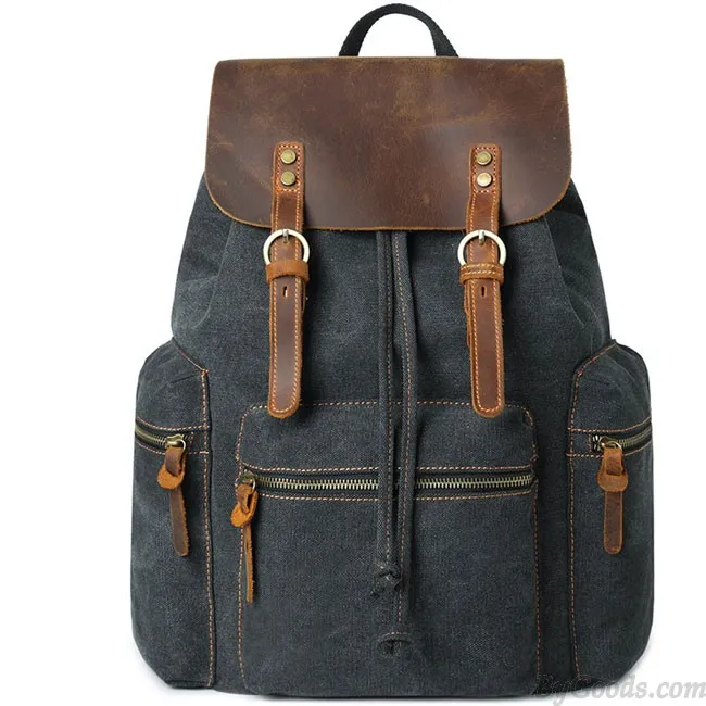 Vintage Real Leather Large Thick Canvas Three Pockets School Camping Bag Travel Backpack