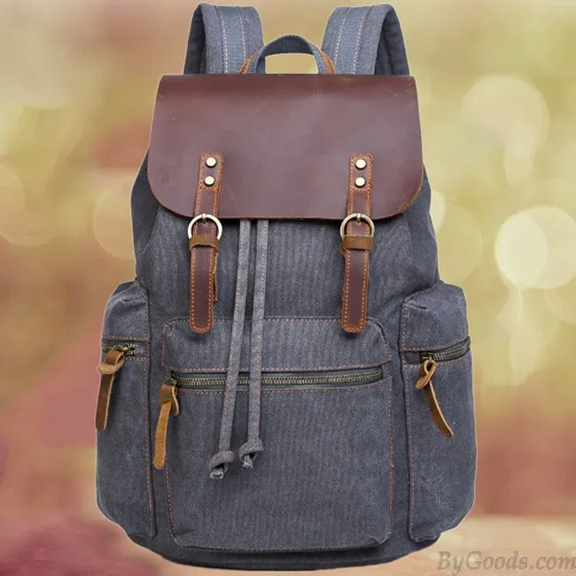Vintage Real Leather Large Thick Canvas Three Pockets School Camping Bag Travel Backpack